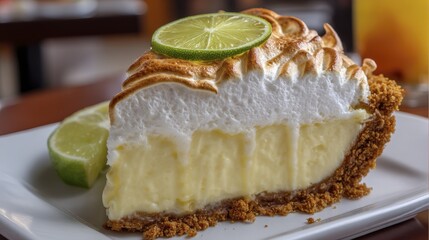 A slice of vibrant key lime pie with a meringue topping, on a white plate - white angle delicious tangy