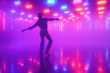 Solo disco dancer electrifies neon-lit floor with rhythmic retro 70s moves