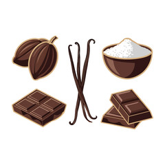 Chocolate ingredients set with cocoa, vanilla, sugar, and chocolate bars in cartoon illustration