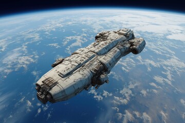 Fototapeta premium Futuristic Spaceship Soars Above Planet in a Vast Starry Cosmic Expanse