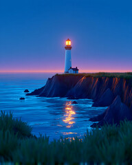 Fototapeta premium Coastal lighthouse glowing at twilight, reflecting in calm ocean