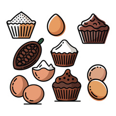 Cartoon chocolate cupcakes with eggs and cocoa, sweet dessert and baking ingredient illustration