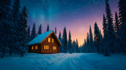Naklejka premium Cozy cabin nestled in snowy forest under aurora borealis