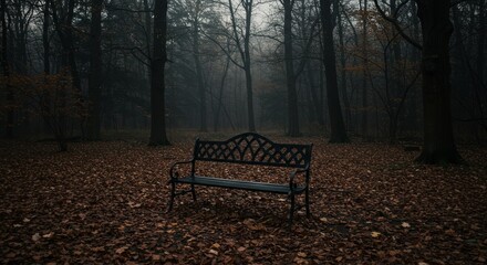Autumnal Solitude: Black Bench in a Misty Forest - A lone black bench sits amidst fallen autumn leaves in a dark, misty forest. Symbolizing solitude, reflection, tranquility, mystery