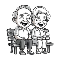 Happy elderly couple sitting on bench, black and white cartoon illustration of joyful seniors