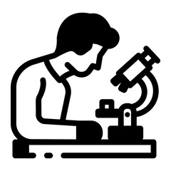 A linear style icon showing student research with a microscope 
