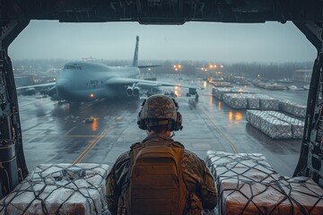 Soldier observing loading operations from military transport aircraft during overcast conditions