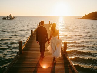 Fototapeta premium Romantic Sunset Stroll Along the Wooden Pier 