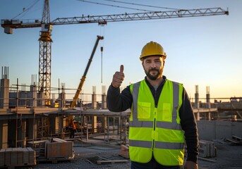 Confident construction worker at a building site giving a thumbs-up in safety gear, ensuring success under a clear sky