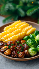 Festive plate with mashed potatoes, roasted mushrooms, and Brussels sprouts
