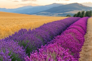 Fototapeta premium Biodiversity preservation with vibrant lavender fields beside golden wheat at sunset