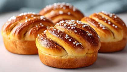 Four golden-brown sweet rolls, glistening, topped with sugar crystals, close-up