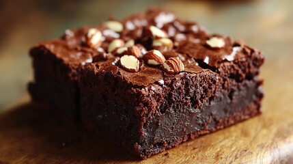 Chocolate brownies with gooey fudge center and crunchy almond topping 