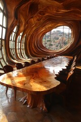 Interior with organic architecture featuring a large table and window overlooking greenery.