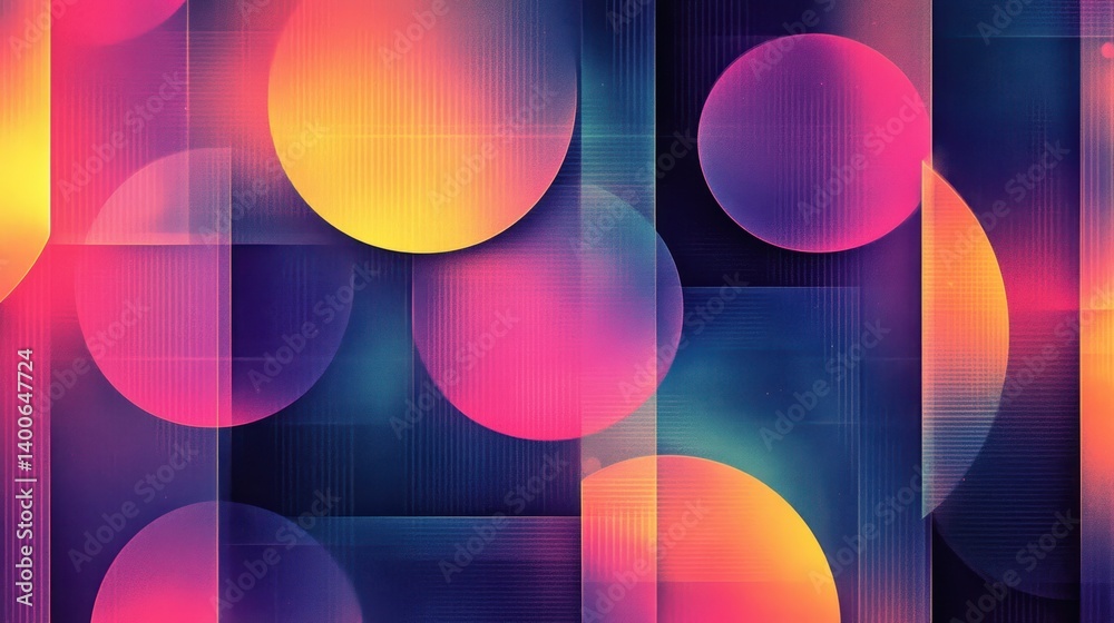 Poster retro futuristic layered geometric pattern with circles squares and vibrant color gradients creating
