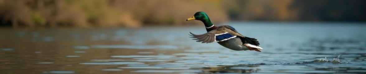 Obraz premium Fast-flying mallard above rippling lake surface, lake, anatidae, bird photography