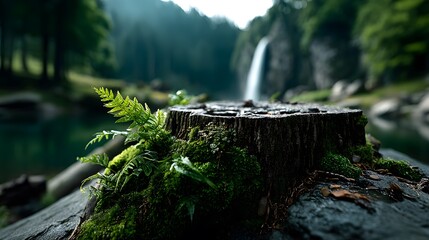 Obraz premium Moss-covered stump with fern and waterfall in serene forest scene