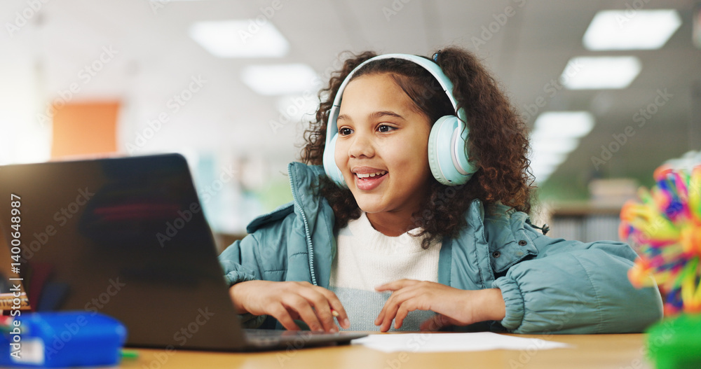 Poster student, girl and headphones with laptop for video call, e learning or online class for knowledge. v