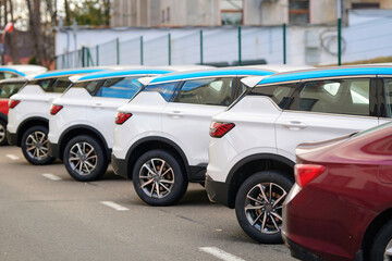 New SUV cars fleet stock at parking lot. Automobile market production, outdoor warehouse. Row of modern white and red cars parked in an urban parking lot. Stocks of new modern cars, rear view