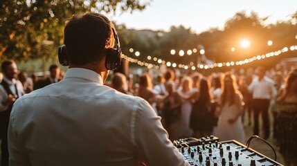 A DJ mixes songs at an outdoor wedding reception while guests dance and celebrate.