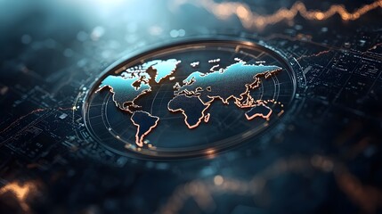 Futuristic Digital World Map with Data Visualization Elements