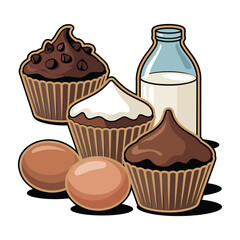 Chocolate cupcakes with milk and eggs, cartoon baking ingredients and sweet dessert illustration