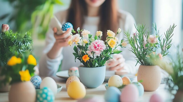 A dynamic startup scene where a female founder shares updates at a table set with seasonal Easter touches like tiny flower vases and decorative eggs