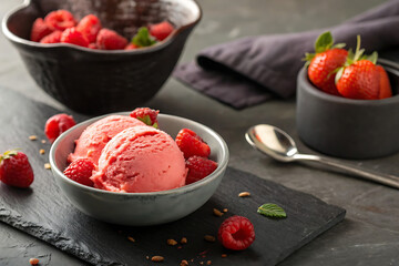 Scoops of Red Fruit Ice Cream – Delicious and Refreshing Dessert Template Featuring Mixed Berry Sorbet Style