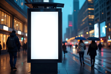 Urban Bus Shelter Billboard with Light Trails and Passerby Silhouettes