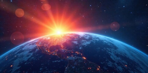 Fiery sunrise paints Earth's curve, deep blues dominate, cosmic, illumination, marvelous