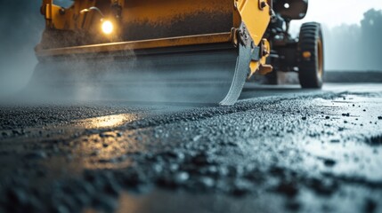 Road paver leveling fresh asphalt under bright construction lights. Featuring precision and endurance