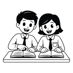 Cartoon boy and girl students reading books, black and white education and study illustration