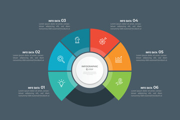 Pie Chart Glassmorphism Infographic Template With 6 Options, Steps, Parts, Segments. Vector Illustration For Business Financial Report