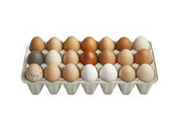 Assorted eggs in a carton with varying colors and speckled pattern