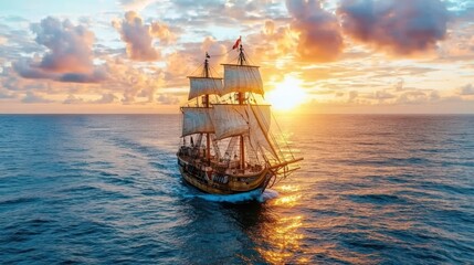 Fototapeta premium Historic sailing ship at sunset