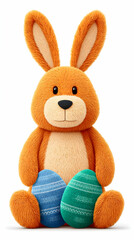 Obraz premium Orange plush bunny holding two decorated Easter eggs