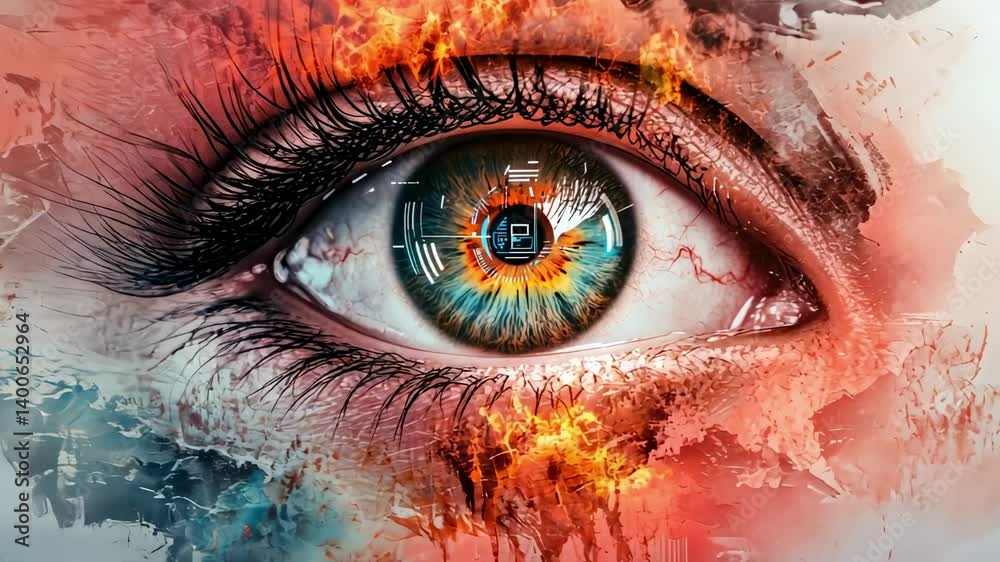 Aufkleber human eye featuring futuristic technological elements and fiery effects, reflecting visions of the f