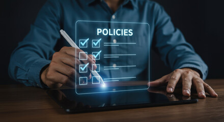 Naklejka premium Policies Checklist on Digital Tablet: Streamline Compliance & Efficiency | Business, Agreement, Rules, Regulations