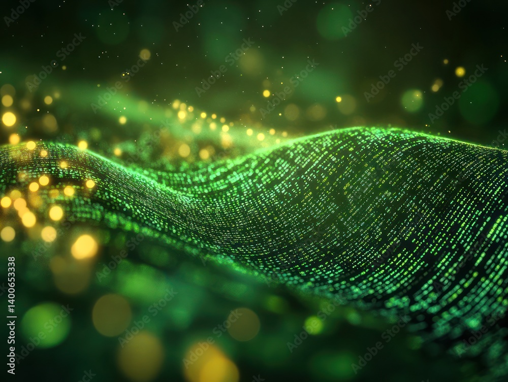 Poster digital wave of green binary data with glowing particles