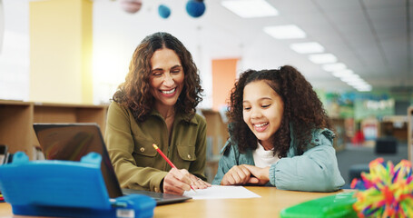 Education, learning or writing with student and teacher in library of school for child development. Laptop, lesson or scholarship with woman educator and kids at academy for assignment or notes
