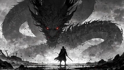 anime warrior facing the dragon, dark aesthetic, anime style digital art