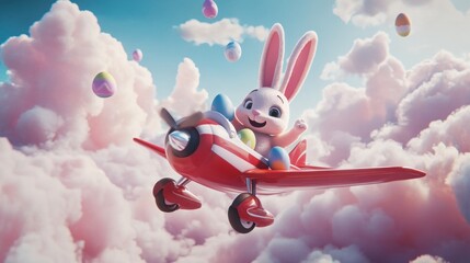 Bunny Flying Airplane Through Cloudy Sky with Easter Eggs Illustration