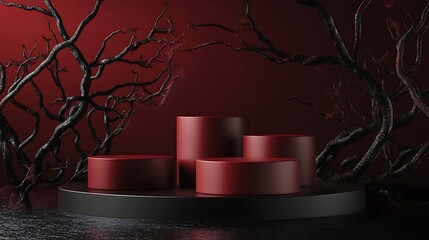 A minimalistic arrangement of deep red cylindrical objects on a round pedestal surrounded by dark, reflective surfaces and abstract branches creating a moody atmosphere