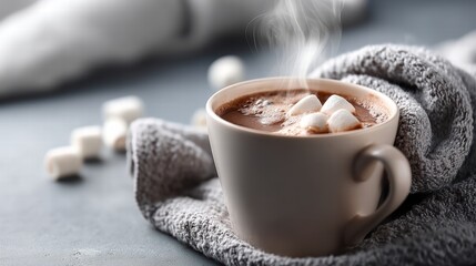 steaming cup of hot chocolate with marshmallows, wrapped in cozy gray blanket, evokes warmth and comfort on chilly day