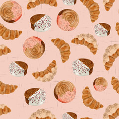 Pattern with croissant, croissant with cream and roll croissant. Print for bakery desing, packing and menu, stationery,  home textile. Endless print with linen texture on tender rose background.