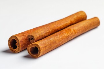 Three aromatic cinnamon sticks are displayed with white background