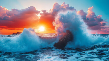 Magnificent Ocean Wave Crashing Under a Fiery Sunset Sky with Vivid Colors and Dynamic Water Motion and Glowing Sun