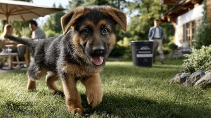 Adorable German Shepherd puppy exploring sunny backyard with people in background