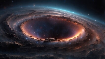 A dark black hole surrounded by a fiery, glowing accretion disk in space.