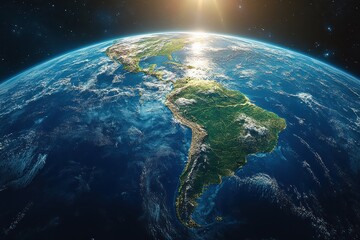 Graphic layout showcasing planet Earth in a vibrant and detailed view from space during daylight